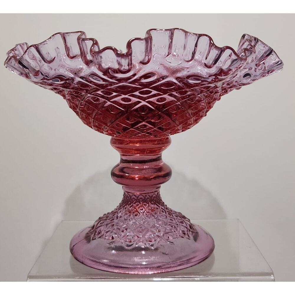 Vintage Art Glass Rose Pink Diamond Hobnail Pedestal Ruffled Compote